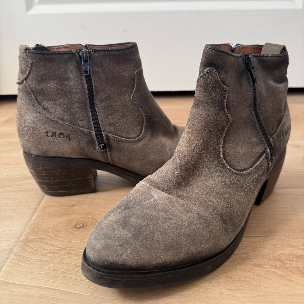 Taos Taupe Rugged Distressed Suede Leather western ankle boot